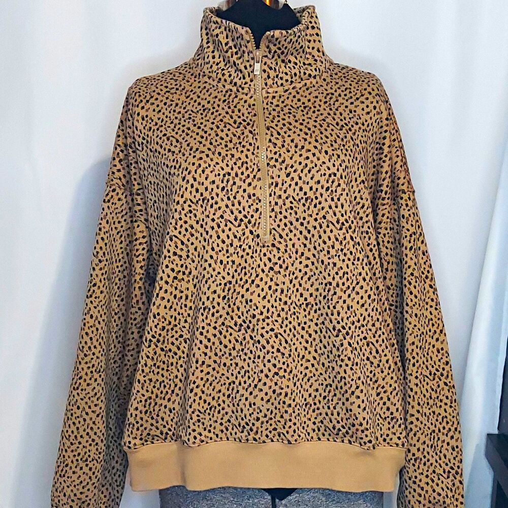 Fabletics Womens Cozy Fleece 1/2 Zip Leopard Print Mock Neck Pullover Sweater 1x